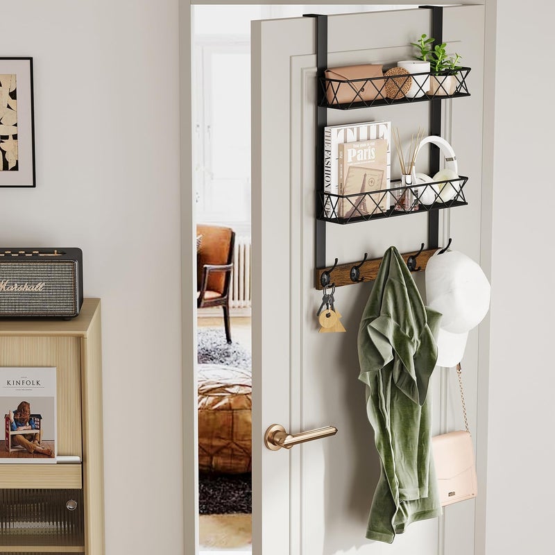 YINMIT Over The Door Hooks Organizer, Over Door Storage with 5 Hooks and 2 Mesh Baskets, Door Hanger Hook, Over The Door Towel Rack, Over Door Hanger for Bathroom, Bedroom, Kitchen - Image 2